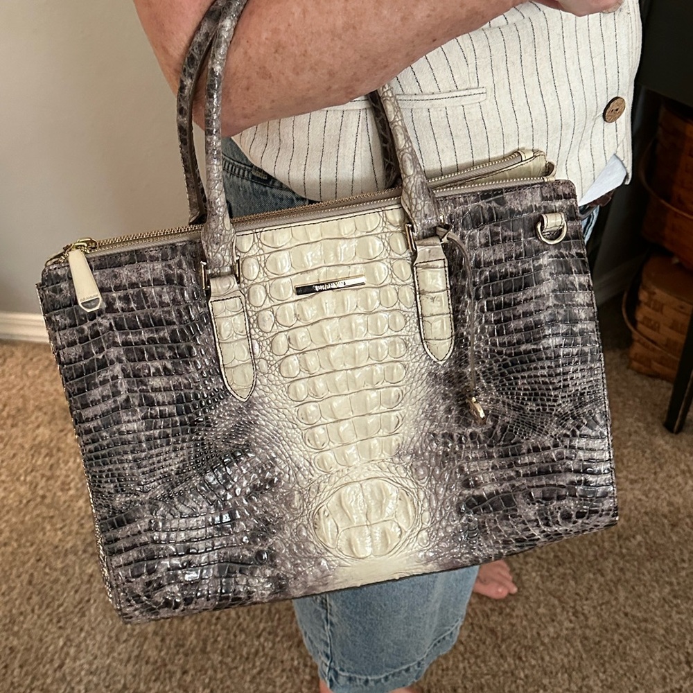 Brahmin Black and Cream Crocodile Embossed Satchel